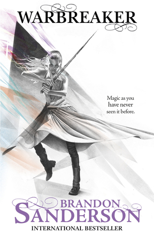 Cover of Brandon Sanderson's Warbreaker, depicting a mostly white background with black and purple text and a sketching of a woman wielding a sword.